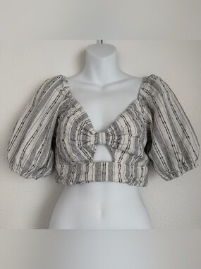 Altar'd State Ivory and Black Striped Puff-Sleeve Bow-Front Crop Top